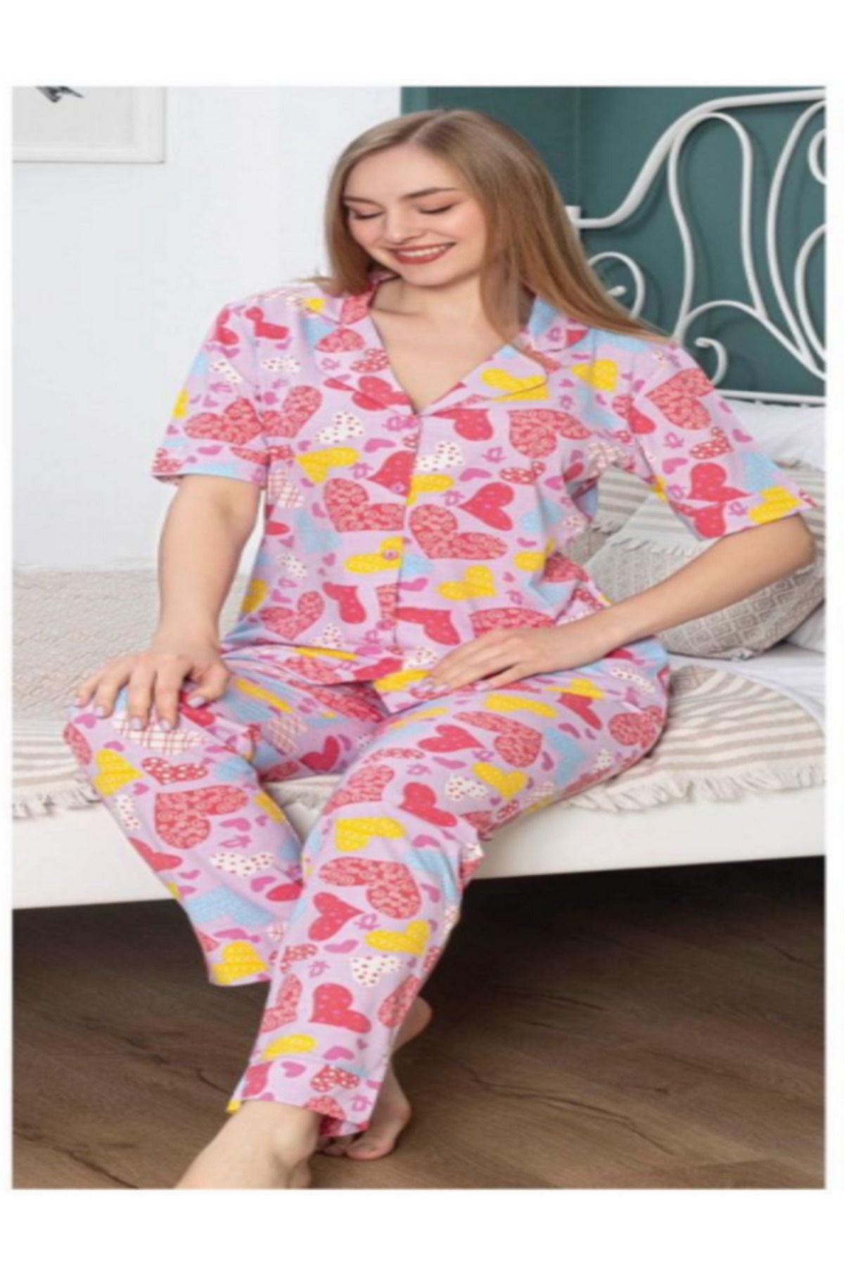 pijama takımı kalp desenli kısa kollu gömlek pijama takımı kadın giyim pamukludur