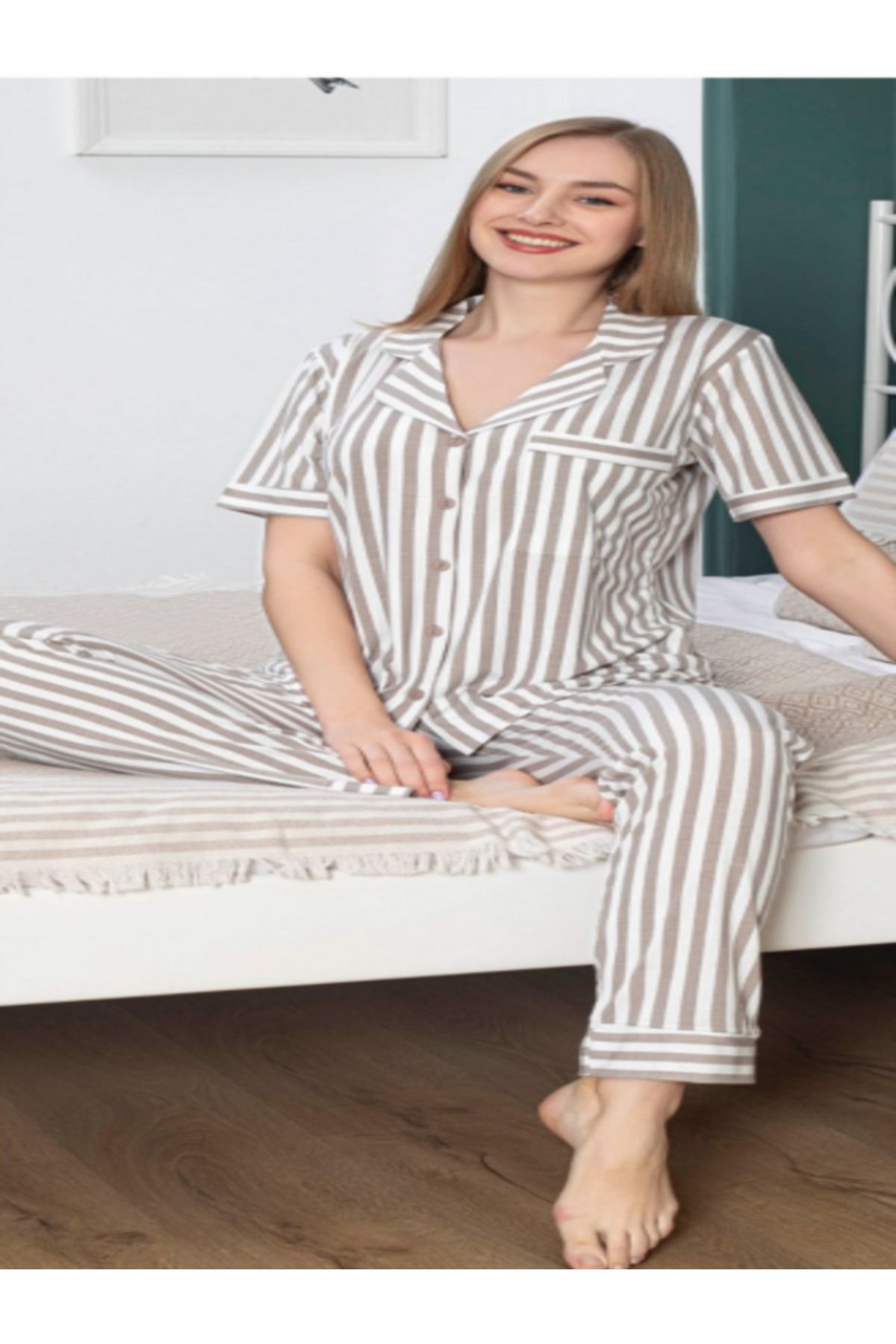 pijama takımı çizgili kısa kollu gömlek pijama takımı kadın giyim pamuklu