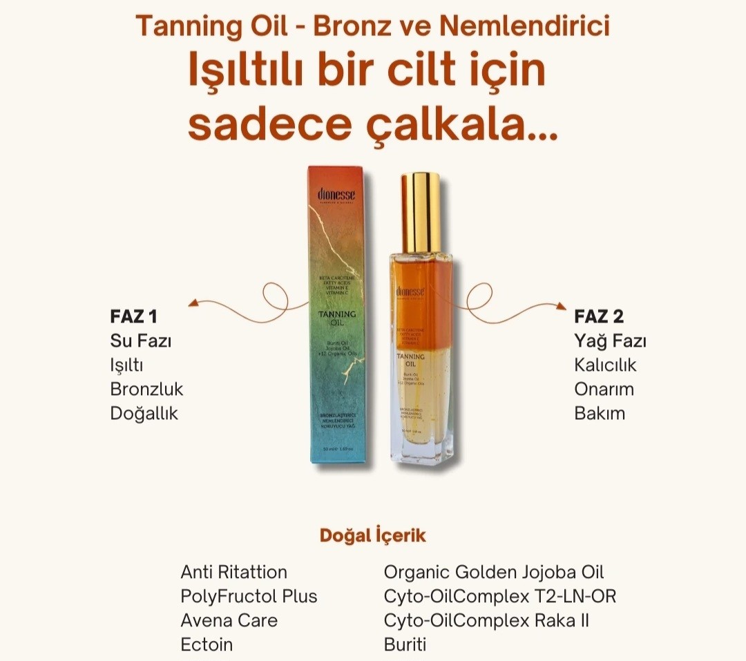 Bronzlaştırıcı Yağ 50 ml - Nemlendirme ve Kalıcı Bronzluk İçin Cilt Koruyucu 2 Fazlı Formül