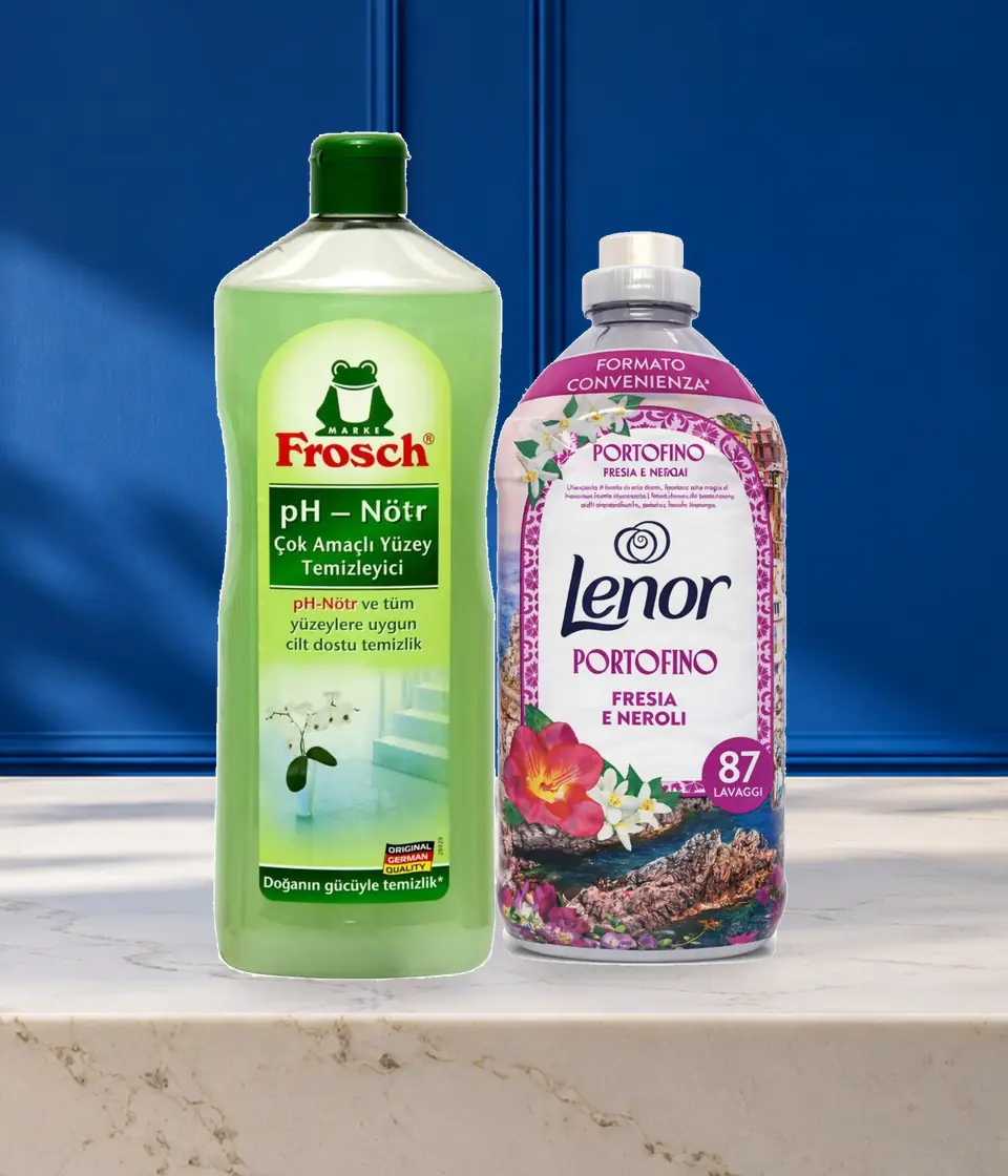 Frosch pH Nötr temizleyici ve Lenor Portofino yumuşatıcı
