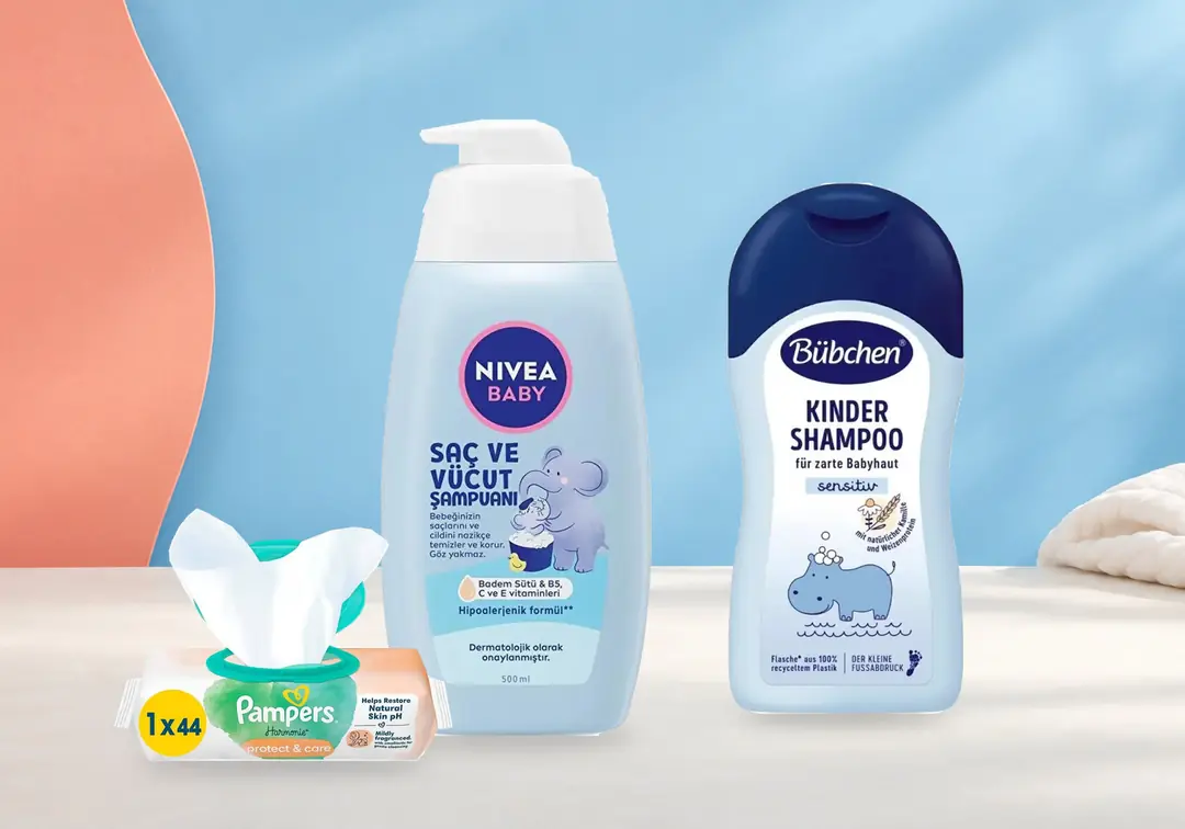 Nivea Baby 500 ml, Bübchen Kinder 400 ml ve Prima Protect & Care 44 yaprak