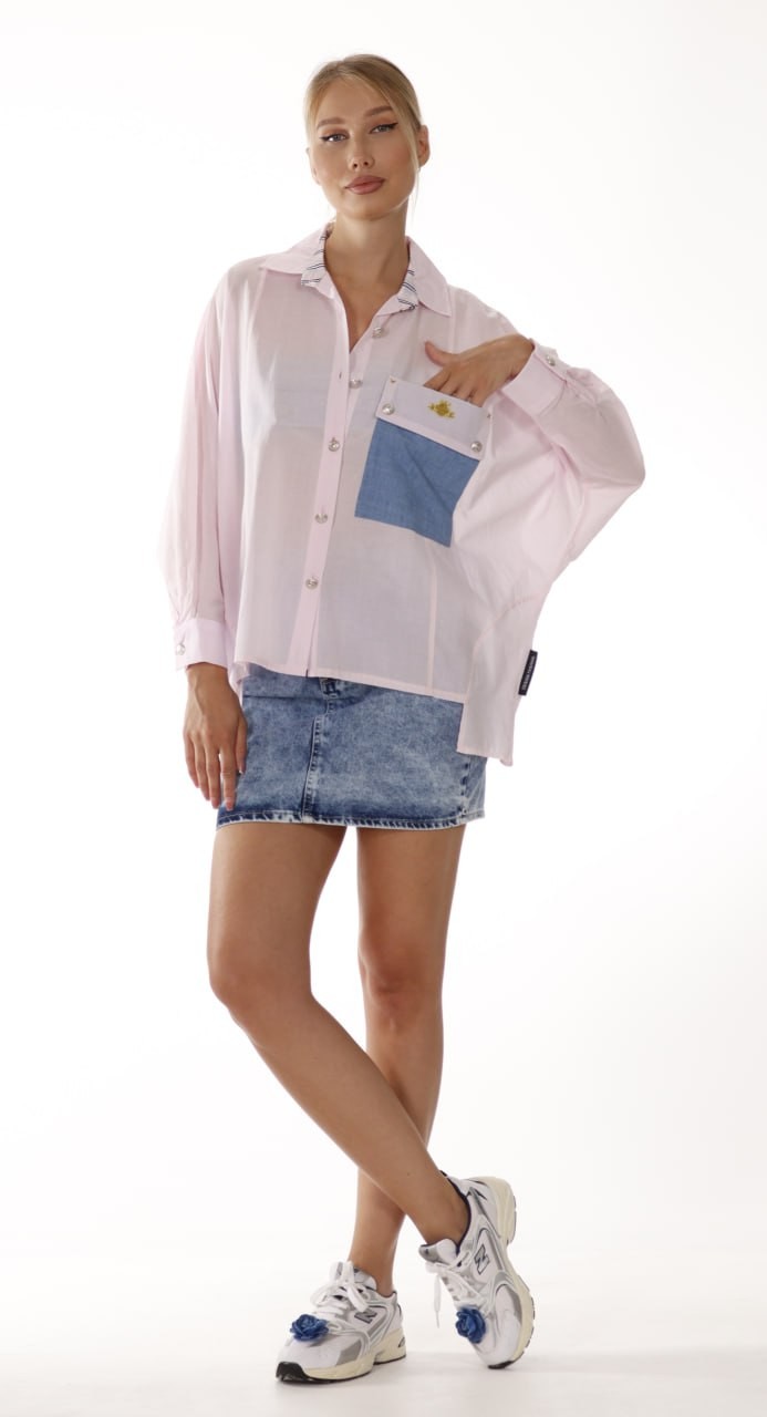 Denim Cep Detaylı Oversize Gömlek - Pembe