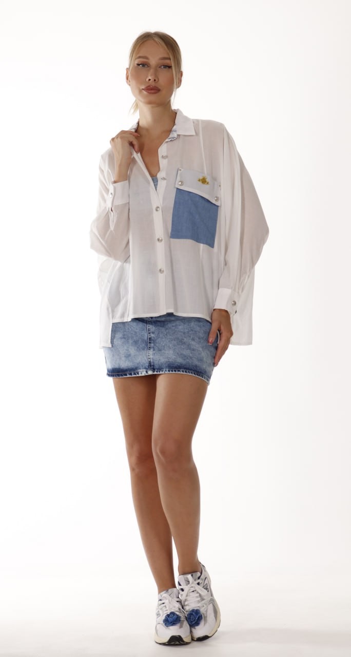 Denim Cep Detaylı Oversize Gömlek - Beyaz