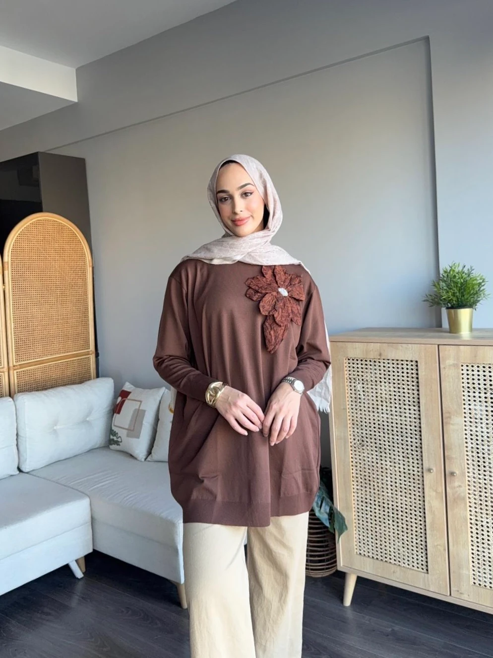 Zambak Merserize Tunik - Kahve