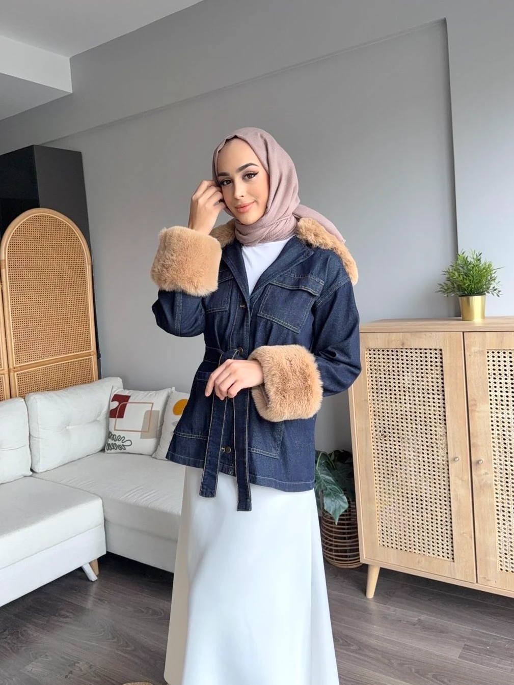 Kürklü Kot Ceket - Mavi