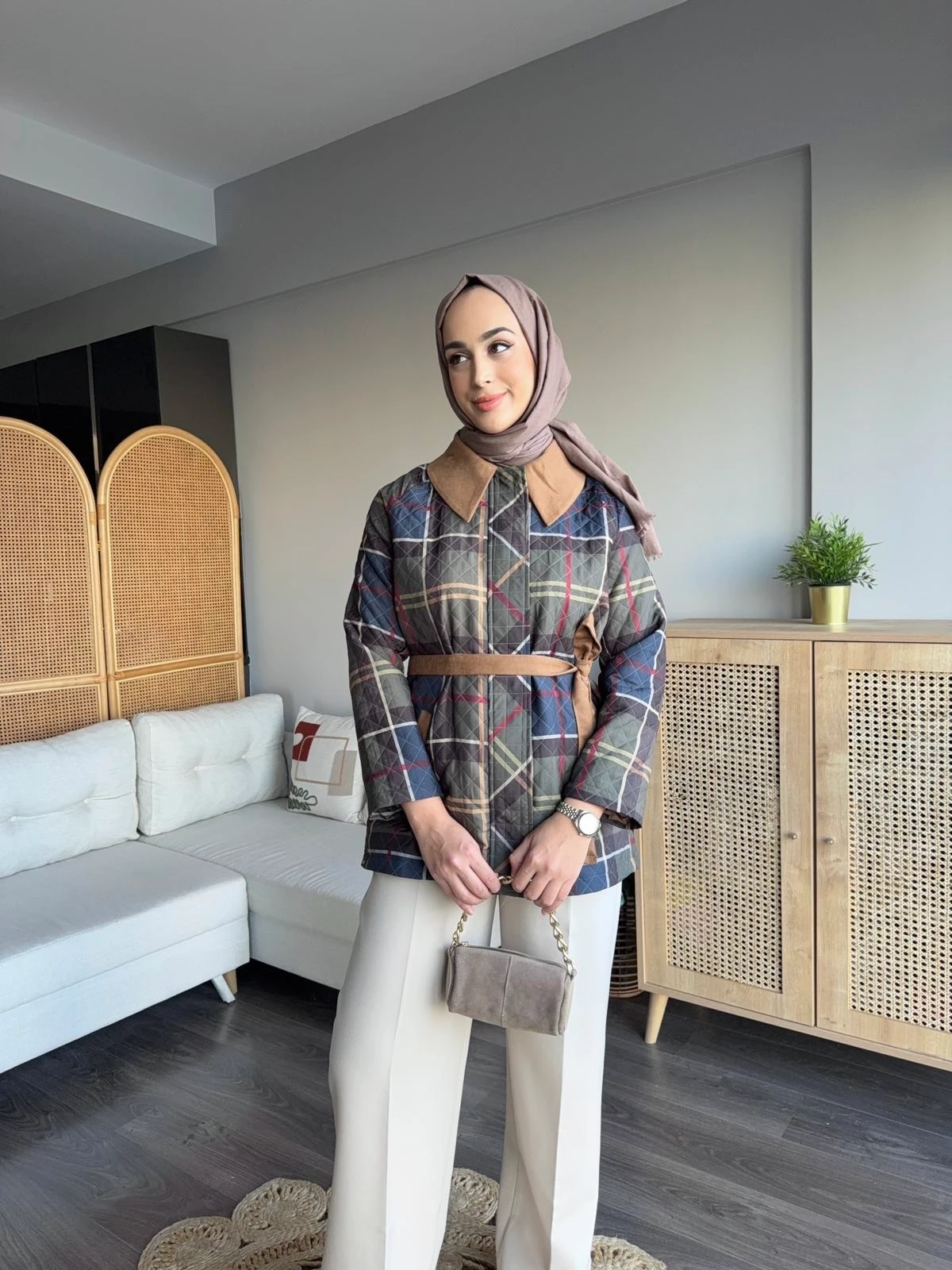 Ekose Kapitone Ceket - Haki