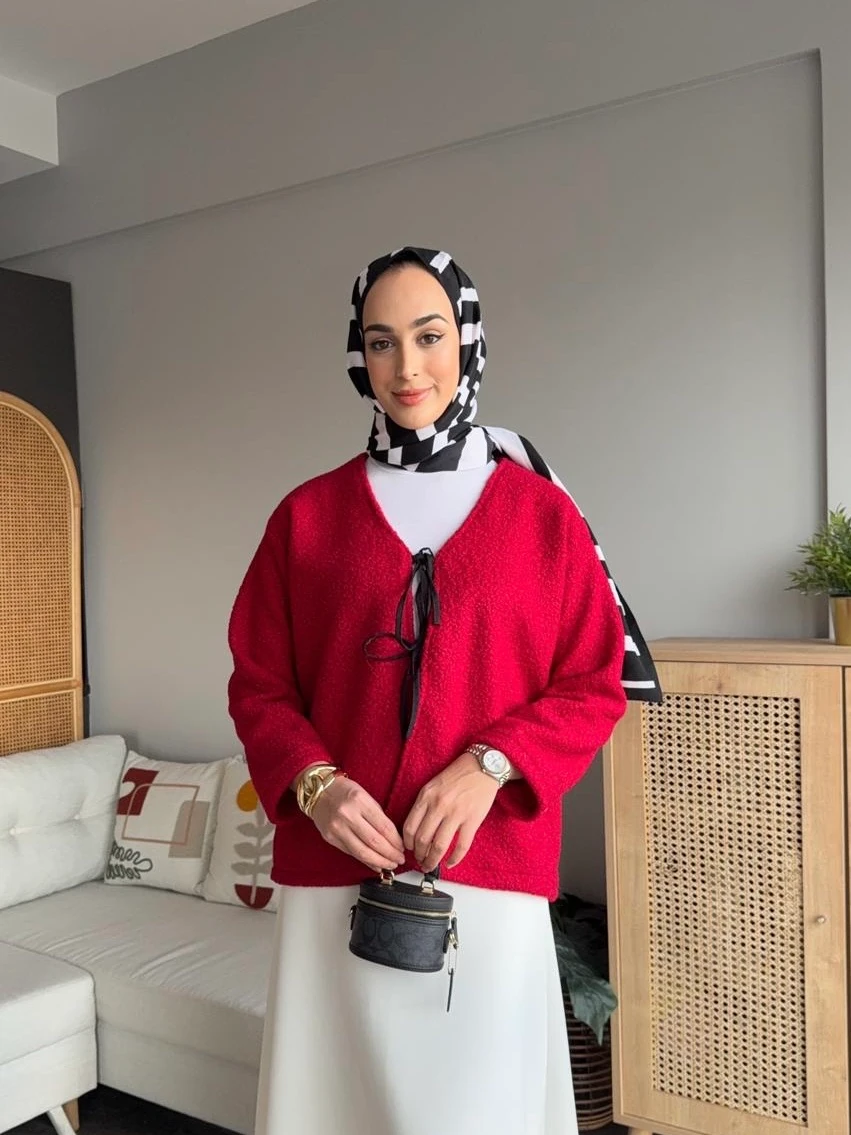 Fiyonklu Buklet Ceket - Kırmızı