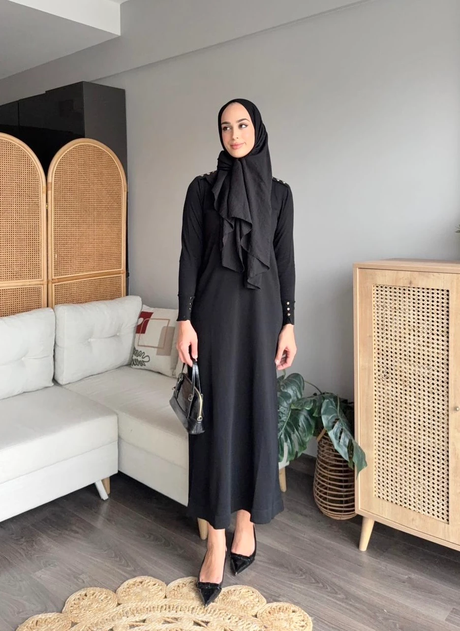Düğmeli Merserize Elbise - Siyah