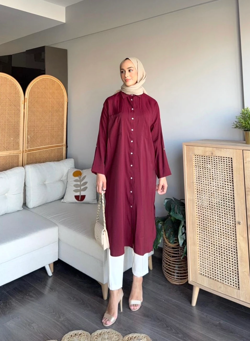 Uzun Modal Gömlek - Bordo