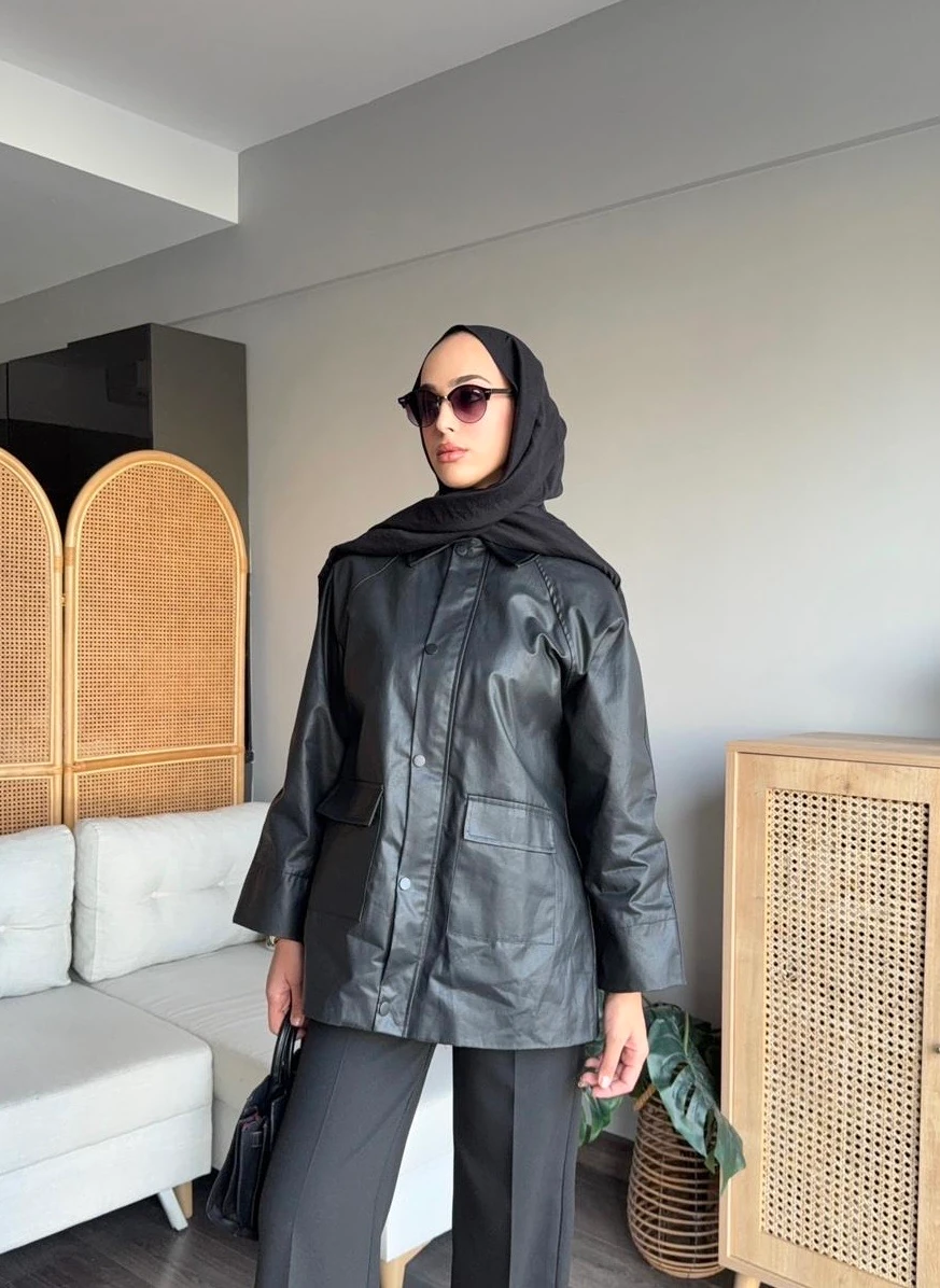 Deri Yaka Mont - Siyah