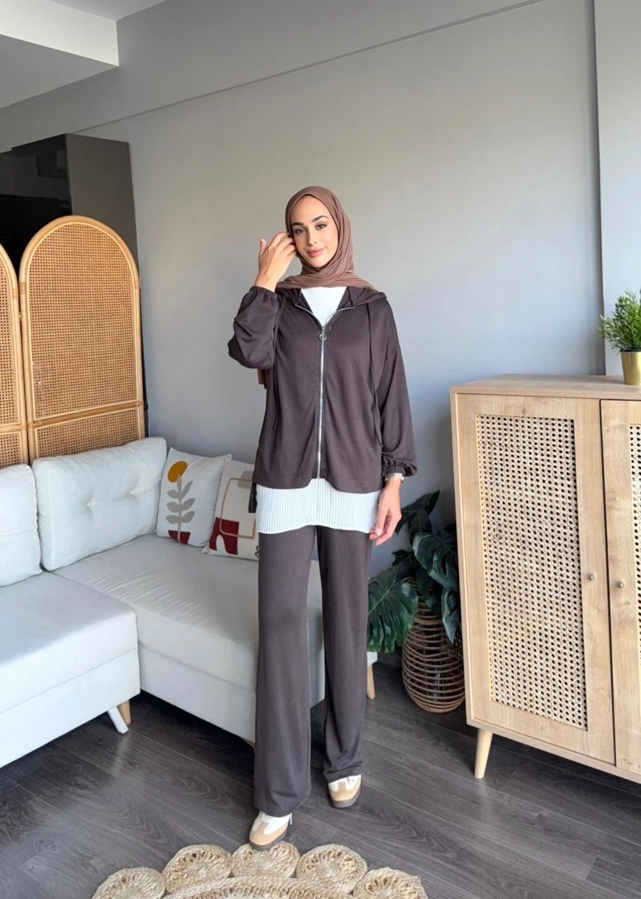 VV Fermuarlı Eşofman Takımı - Kahve