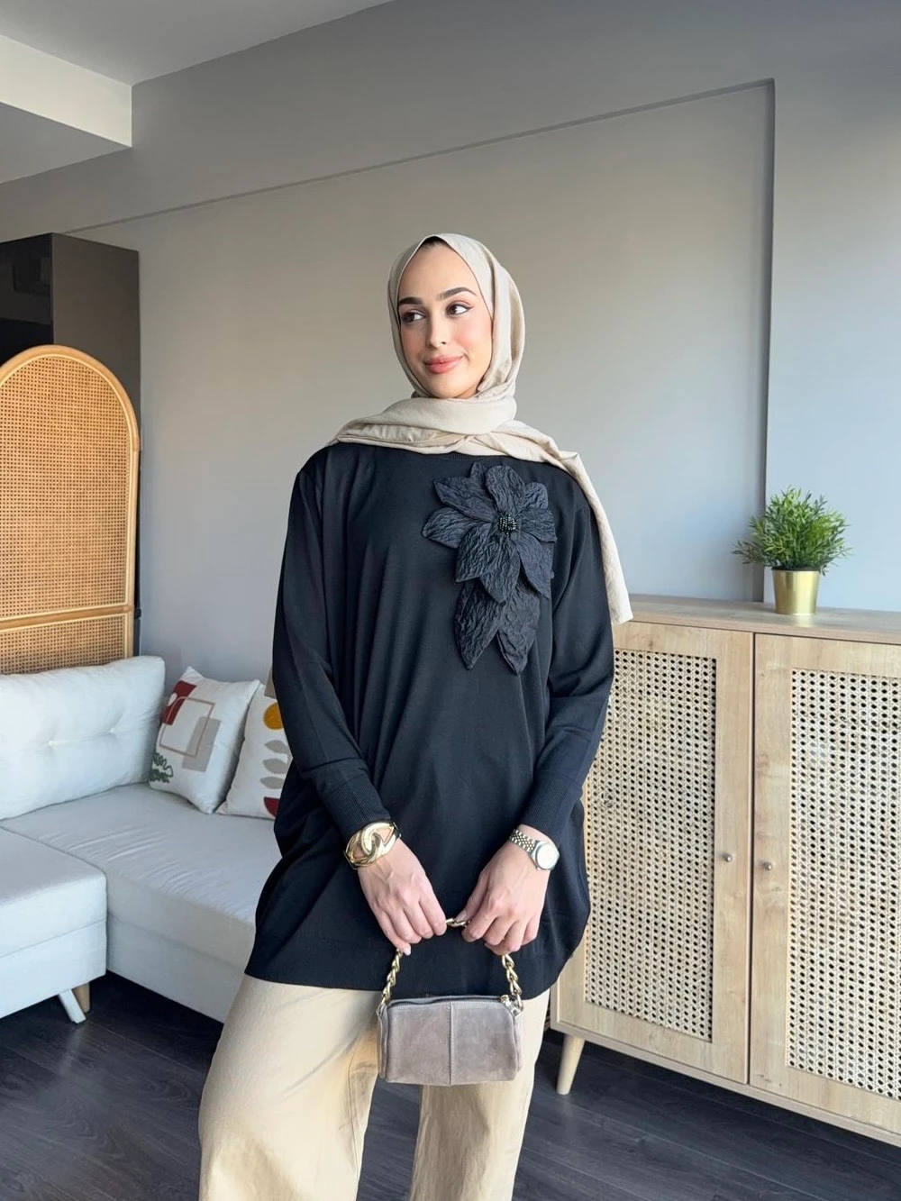 Zambak Merserize Tunik - Siyah