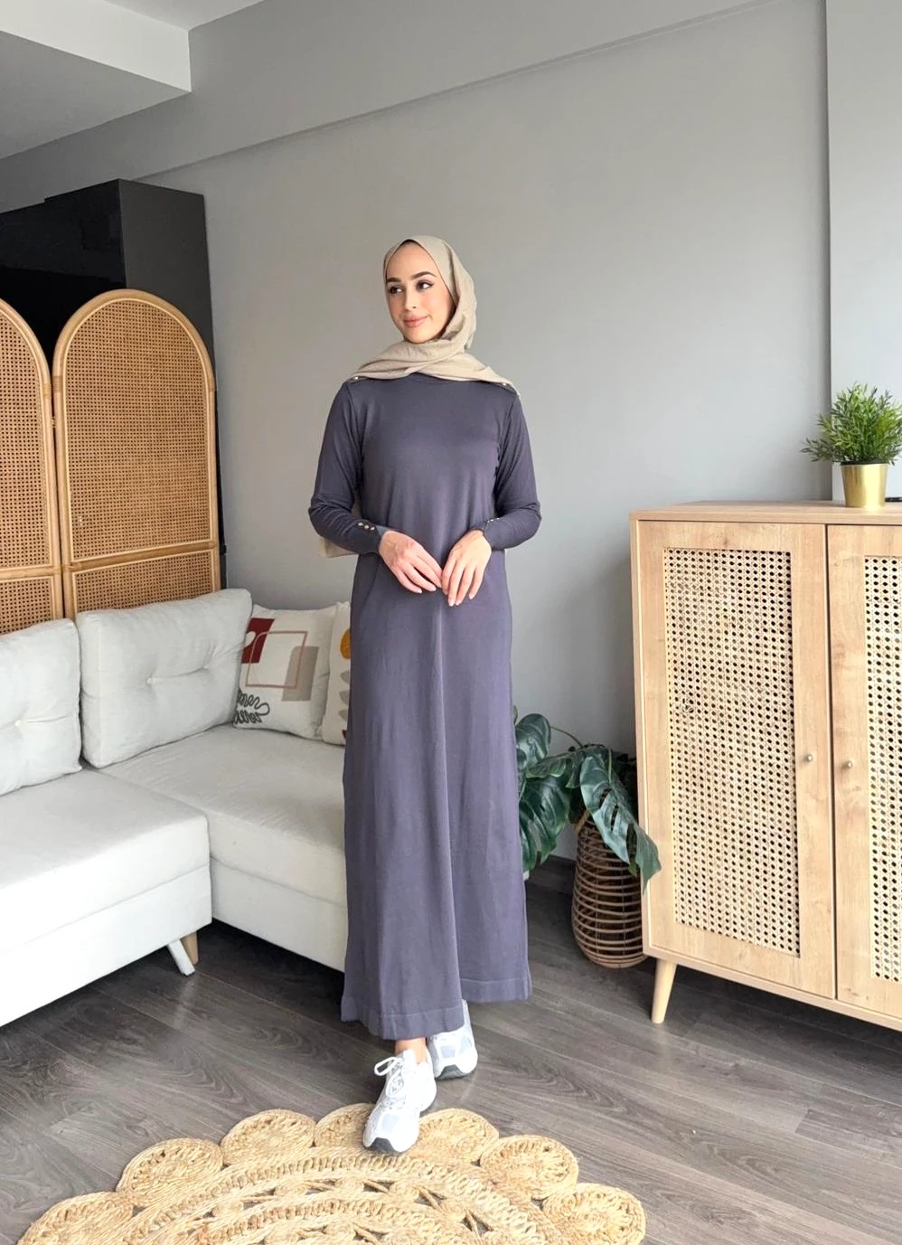 Düğmeli Merserize Elbise - Antrasit