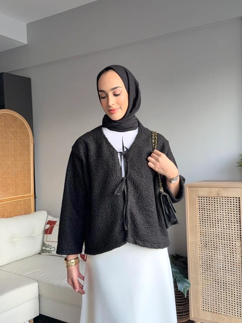 Fiyonklu Buklet Ceket - Siyah