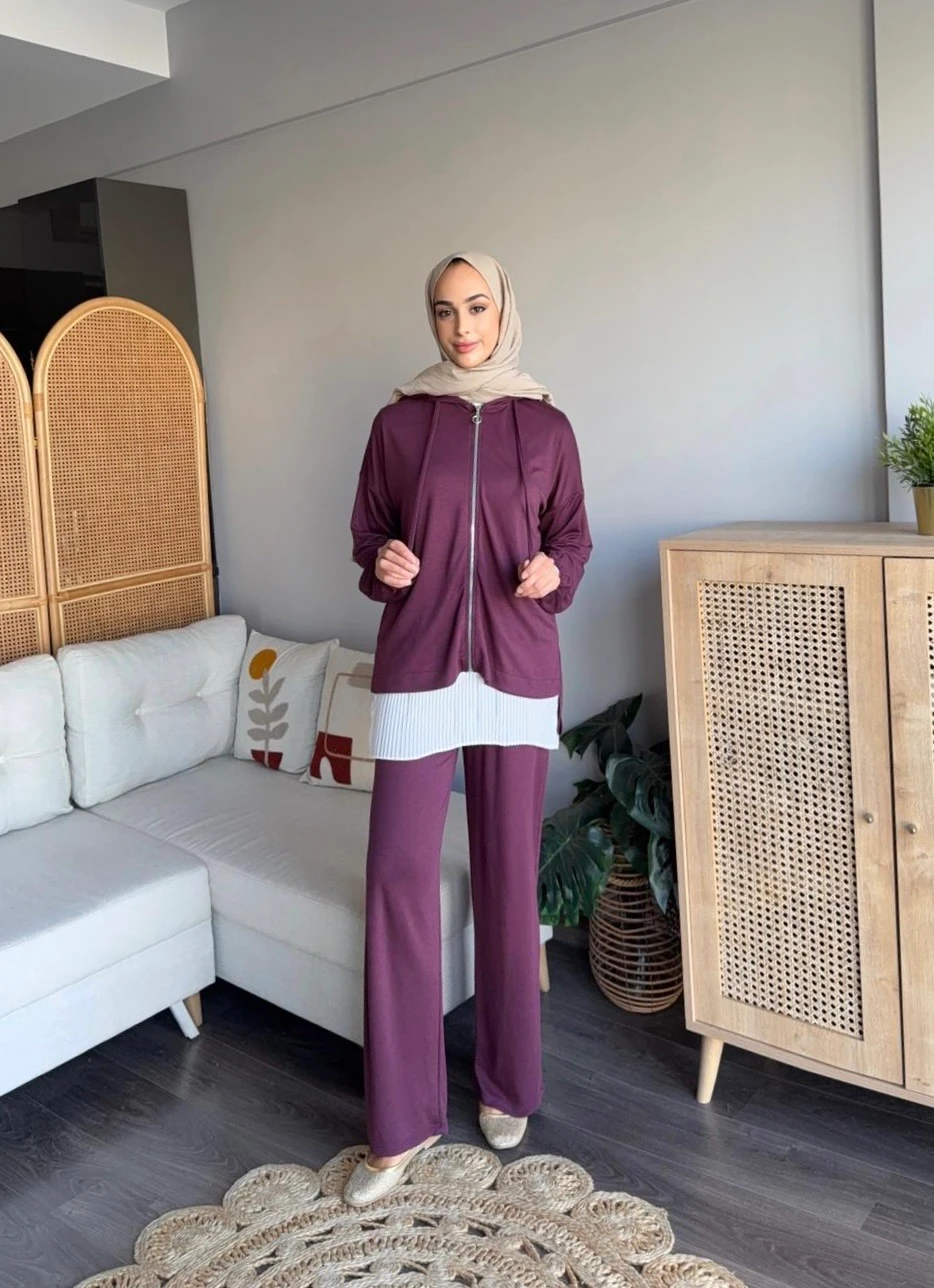 VV Fermuarlı Eşofman Takımı - Mürdüm