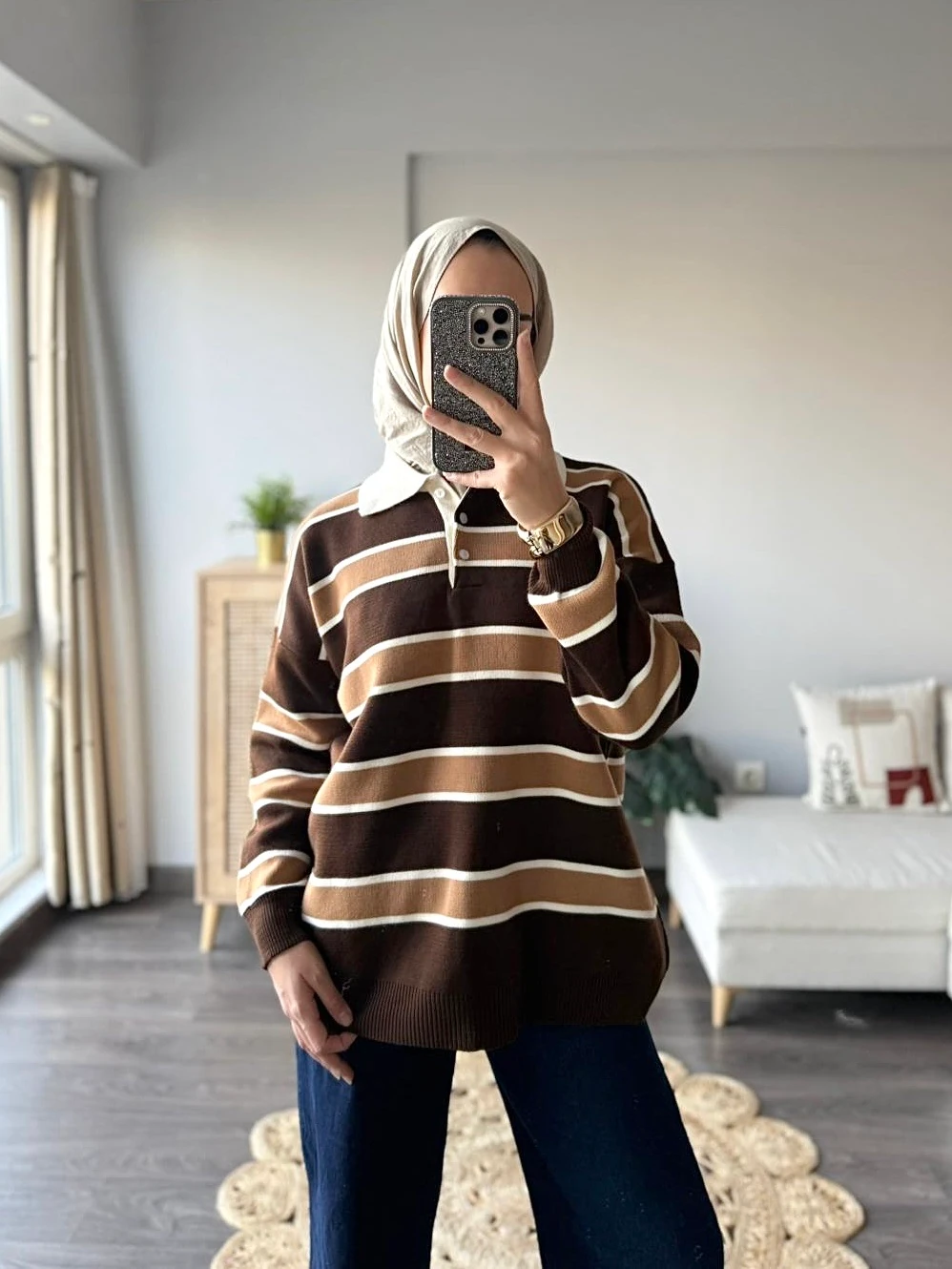 Çizgili Triko Kazak - Camel
