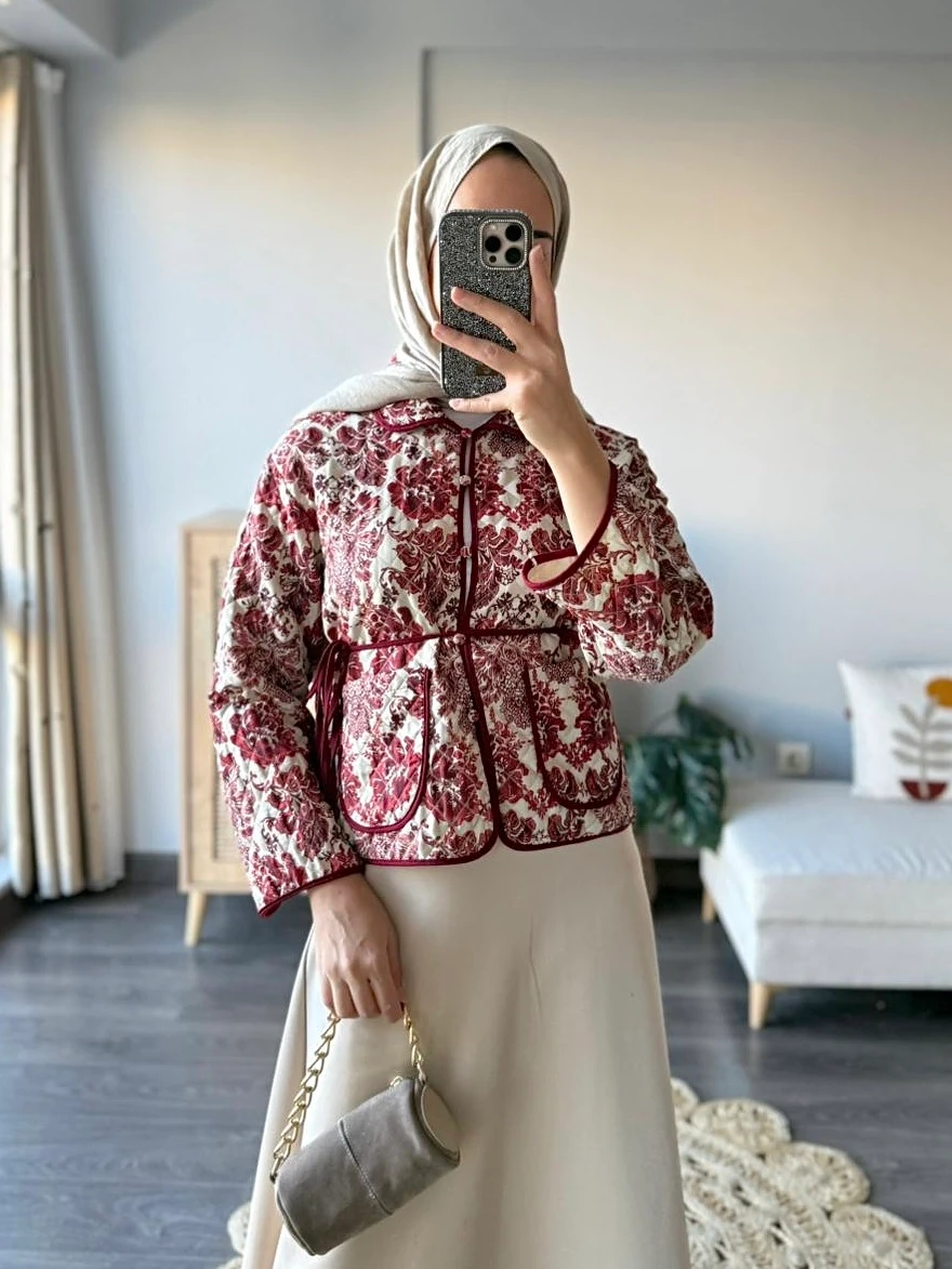 TB Desenli Kapitone Ceket - Bordo