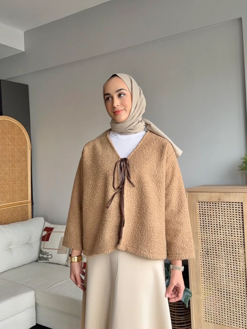 Fiyonklu Buklet Ceket - Camel