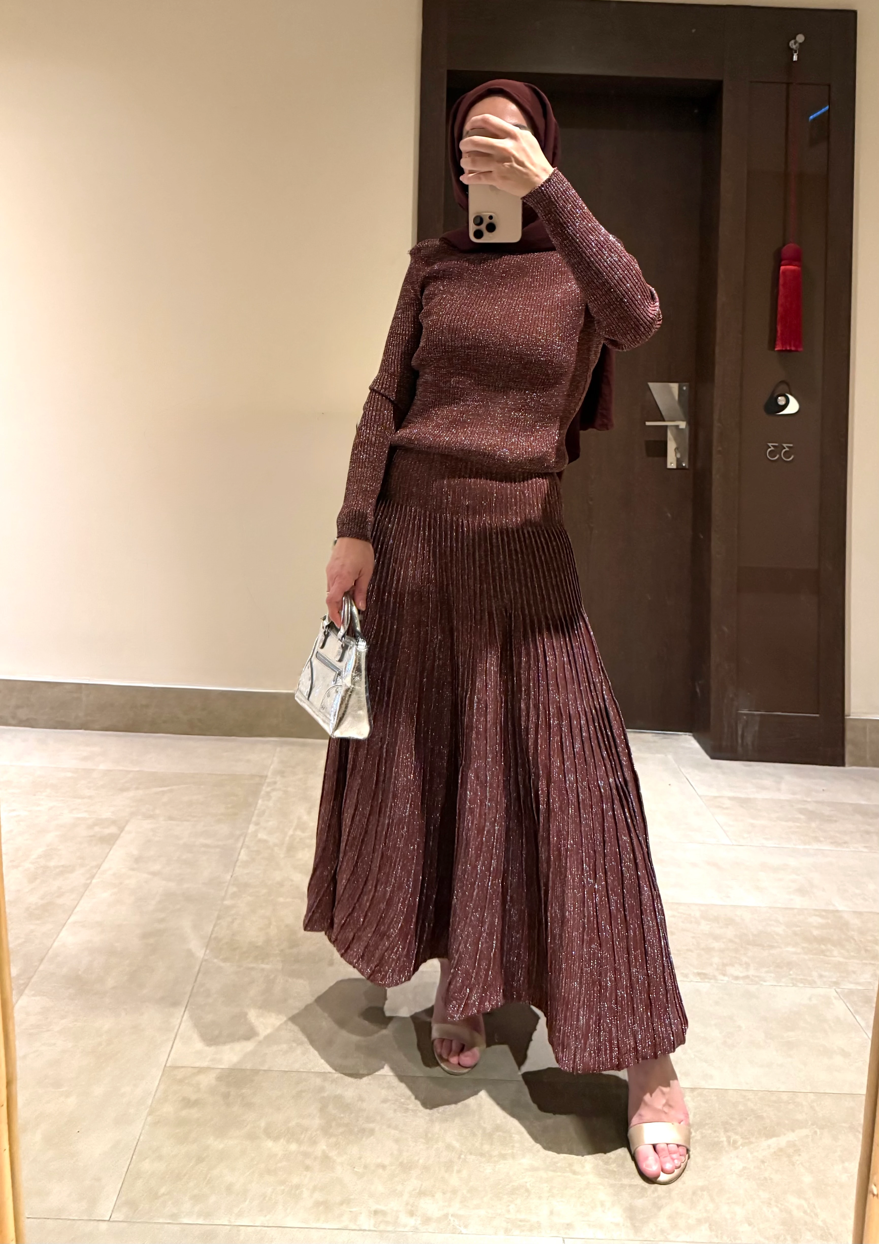 Simli Triko Elbise - Kahve