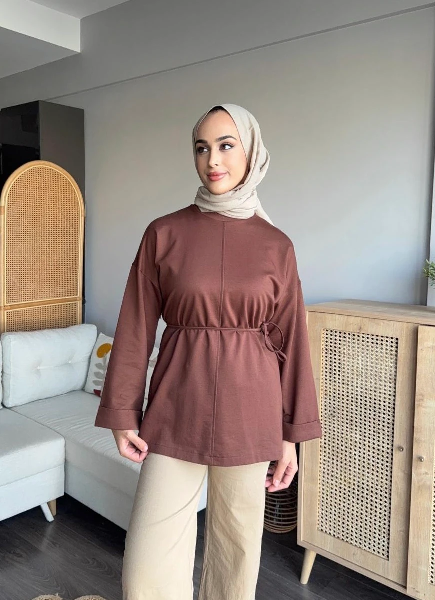 Bağcıklı sweatshirt - Kahve