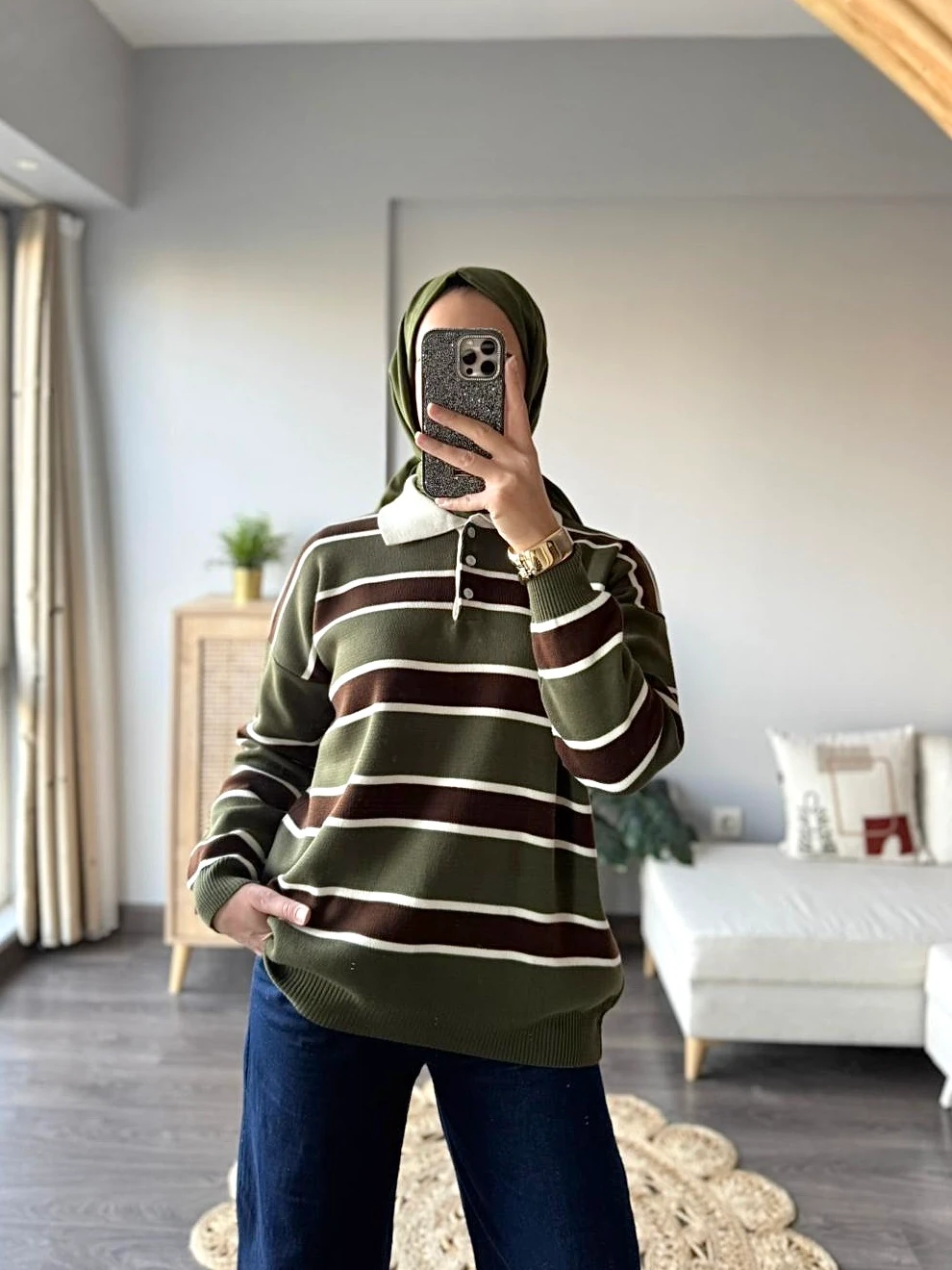 Çizgili Triko Kazak - Haki