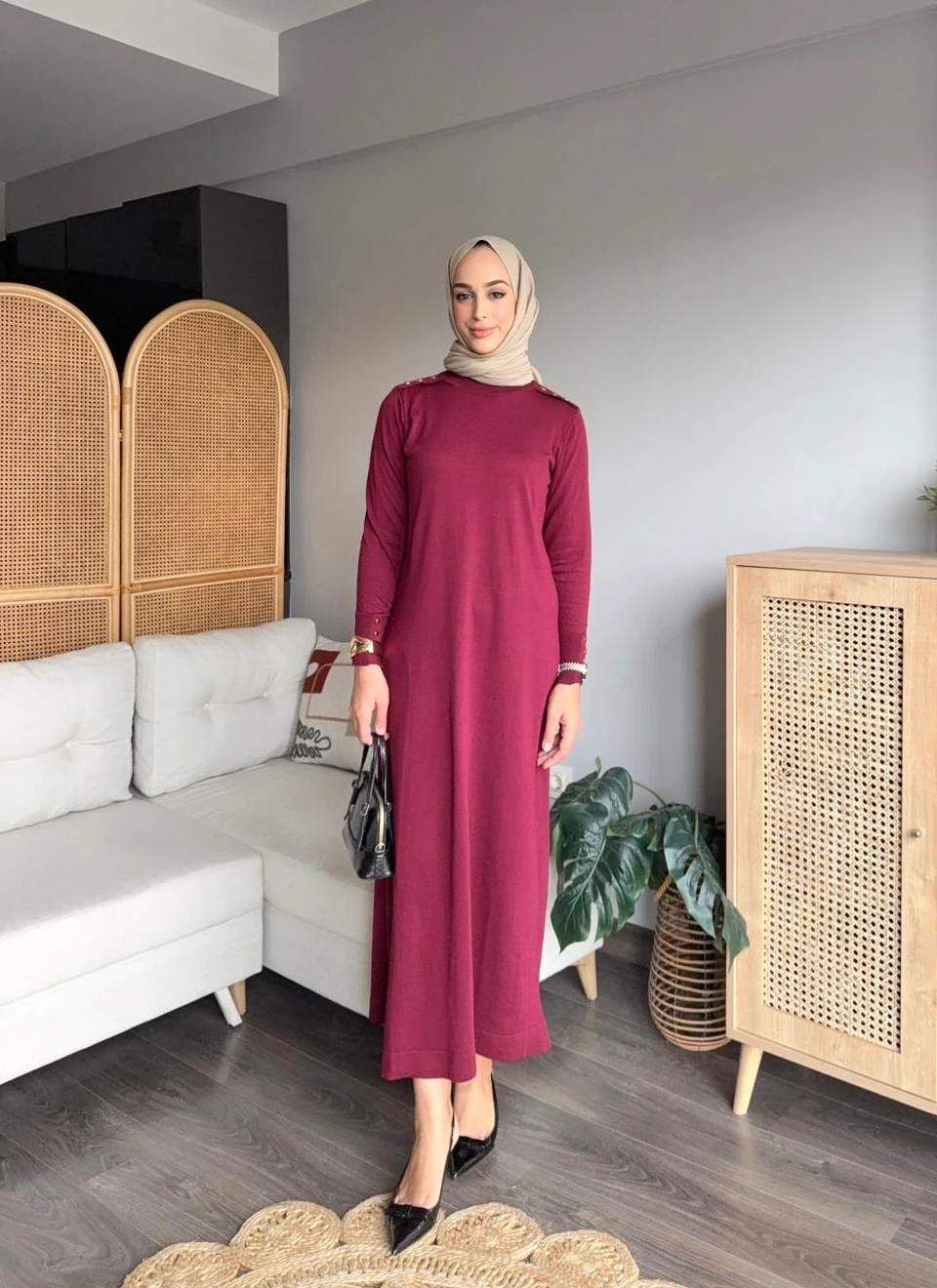 Düğmeli Merserize Elbise - Bordo