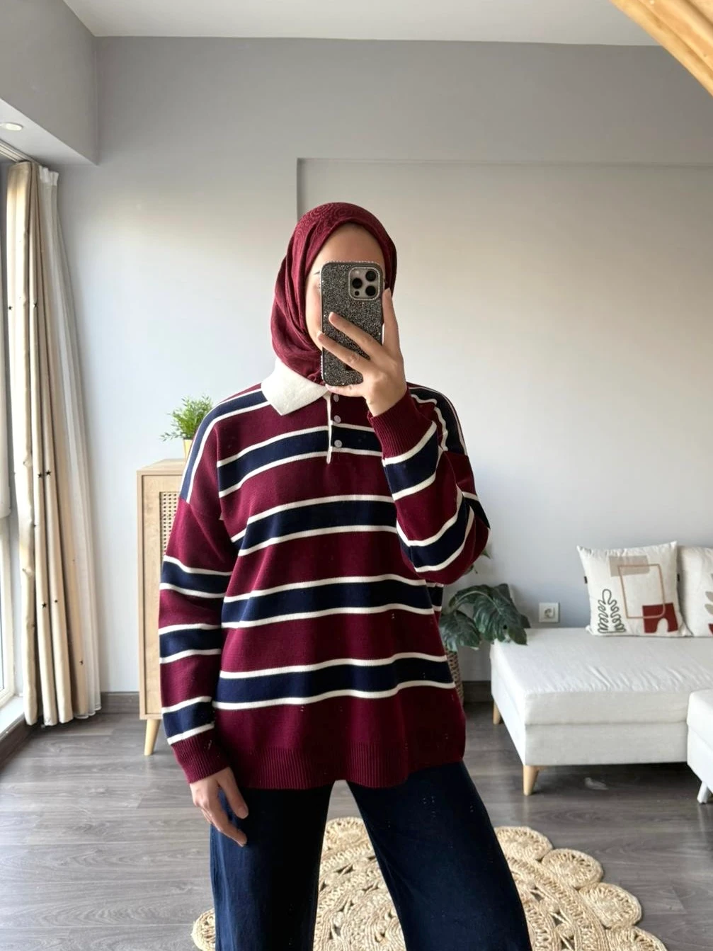 Çizgili Triko Kazak - Bordo