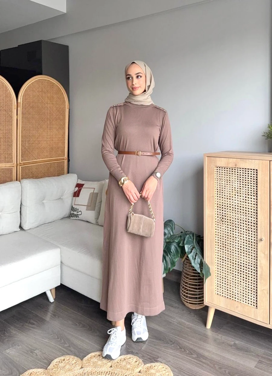 Düğmeli Merserize Elbise - Kahve