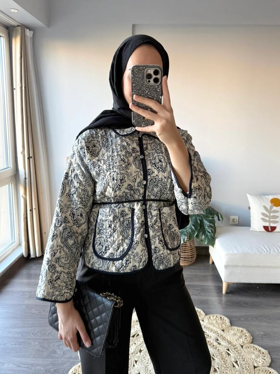 TB Desenli Kapitone Ceket - Lacivert