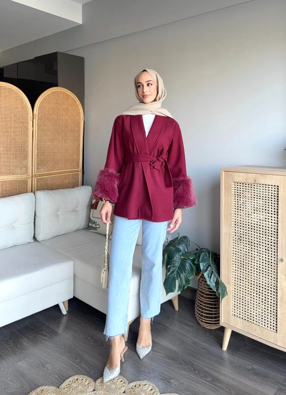 Kürklü Kol Kaban - Bordo