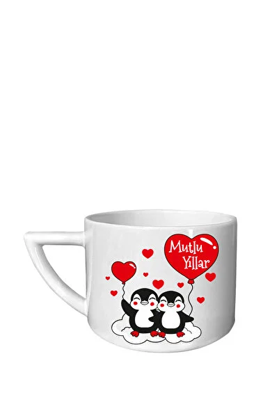 Viva Seramik Yılbaşı Penguen Desenli Fincan Sivri Kulplu - Türk Kahve Fincanı