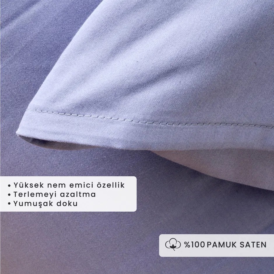 %100 Pamuk Saten Supreme 2'li Yastık Kılıfı Mavi (50x70 cm)