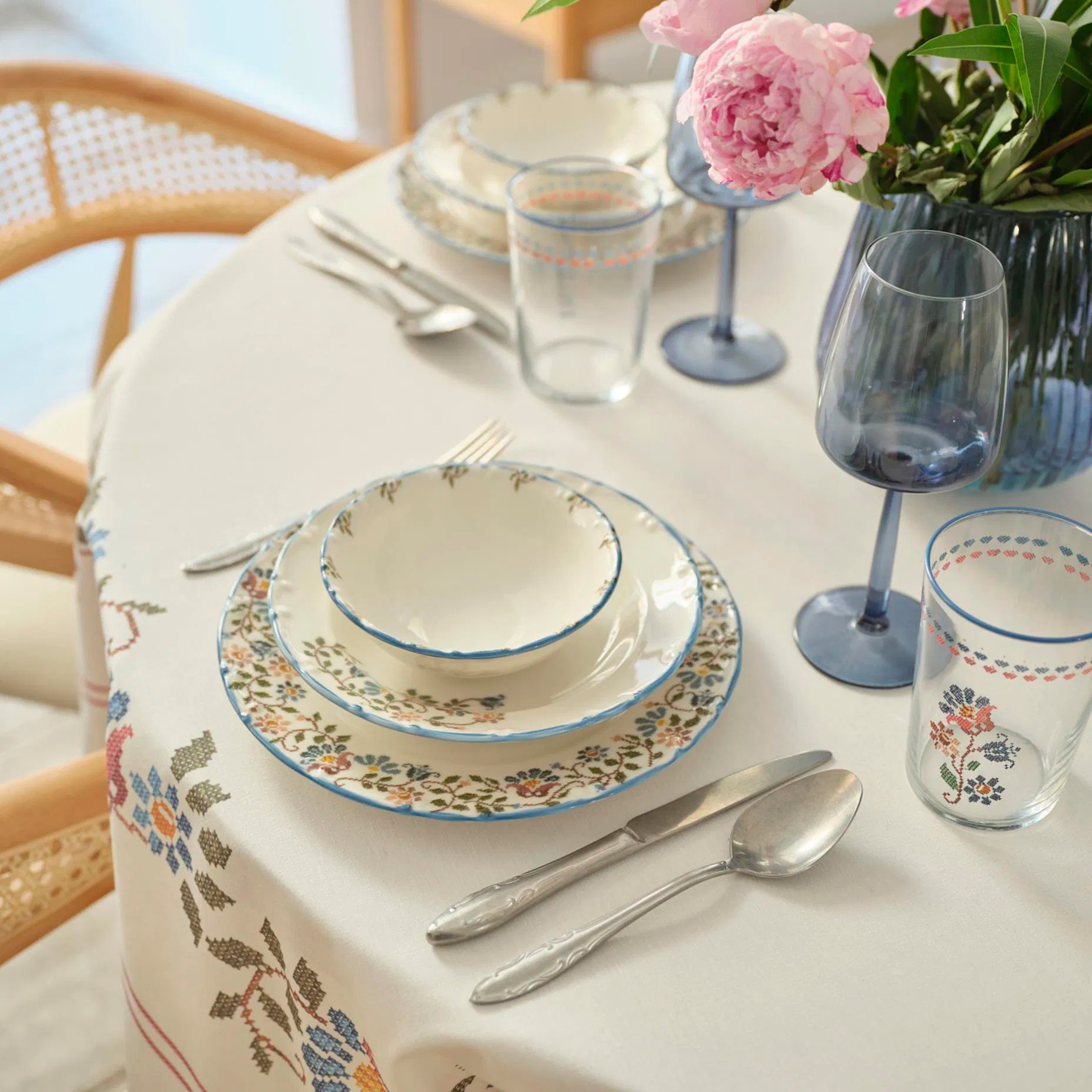 Vintage Porselen 24 Parça 6 Kişilik Yemek Takımı Mavi 