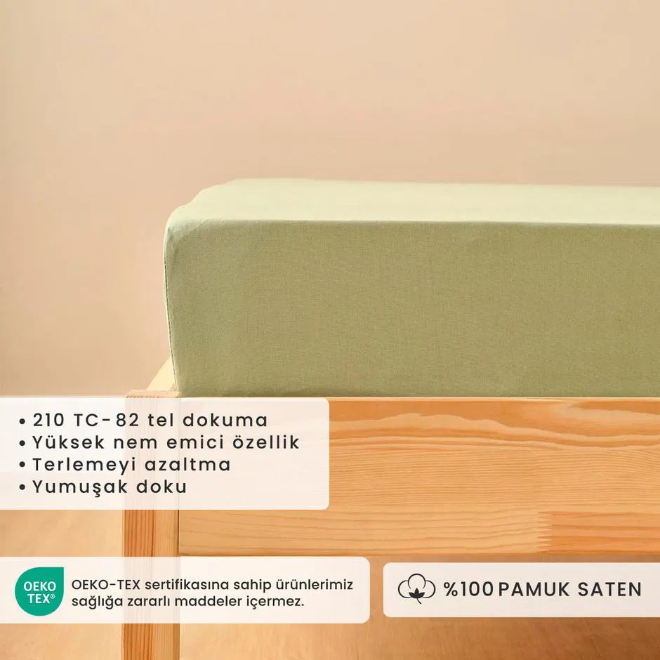 %100 Pamuk Saten Çift Kişilik Lastikli Çarşaf Sisli Yeşil (160x200x35 cm)