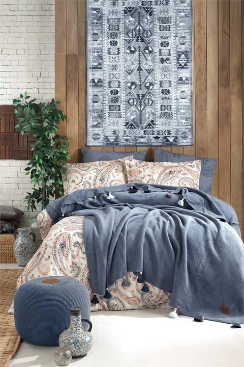 Boho Chic Çift Kişilik Püsküllü Battaniyeli Nevresim Takımı - Cobalt Mavi