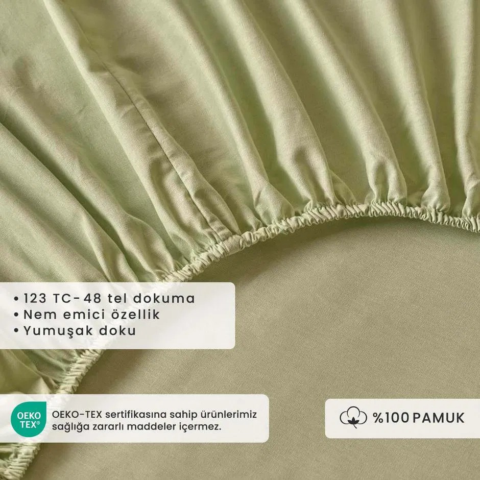 %100 Pamuk Ranforce Basic Tek Kişilik Lastikli Çarşaf Sisli Yeşil (100x200x35 cm)