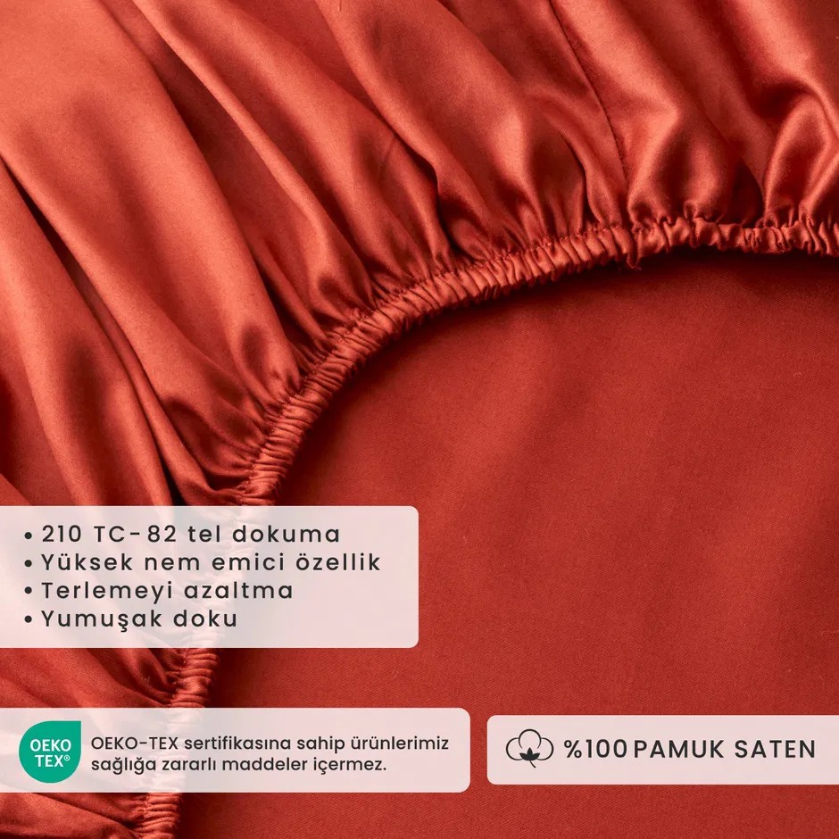 %100 Pamuk Saten Supreme Çift Kişilik Lastikli Çarşaf Kiremit (160x200x35 cm)