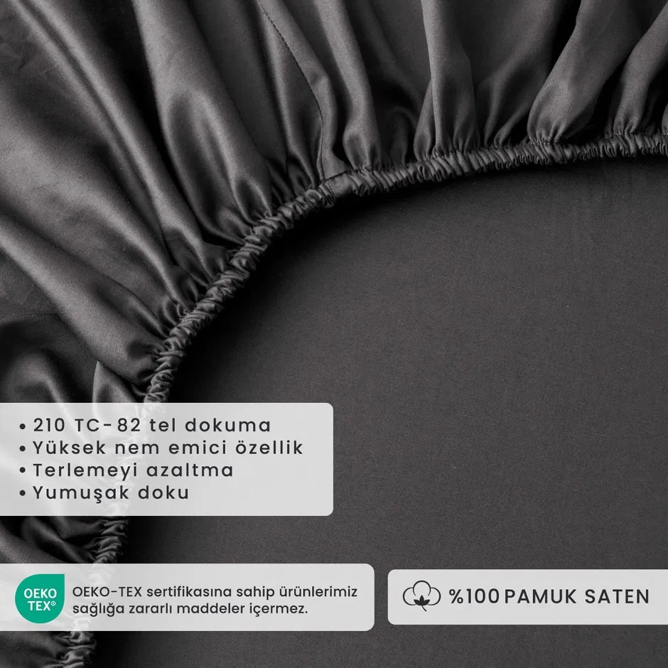 %100 Pamuk Saten Çift Kişilik Lastikli Çarşaf Antrasit (160x200x35 cm)