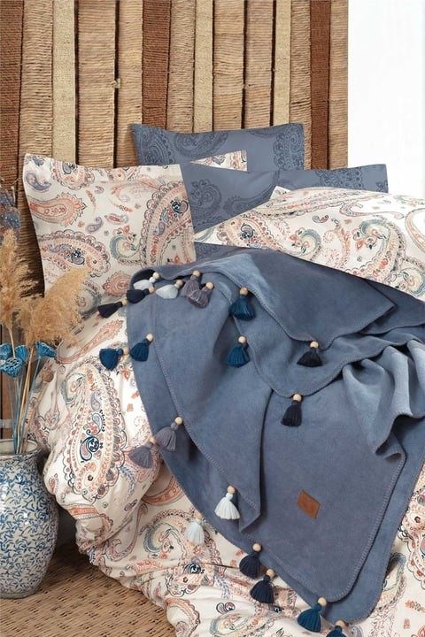 Boho Chic Çift Kişilik Püsküllü Battaniyeli Nevresim Takımı - Cobalt Mavi