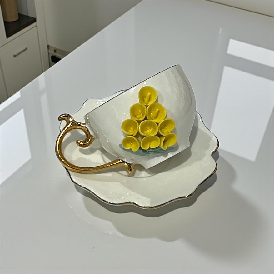 Altın Detaylı Sarı Çiçekli 6’lı Porselen Kahve Fincan Takımı