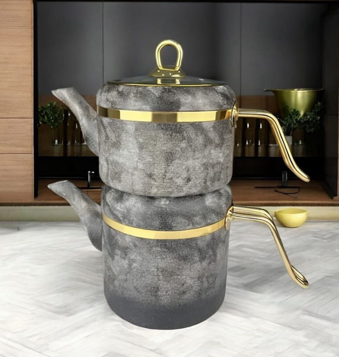 Royal Stone Yanmaz Yapışmaz Taş Dokulu Granit Çaydanlık Takımı Kum Taşı&Altın