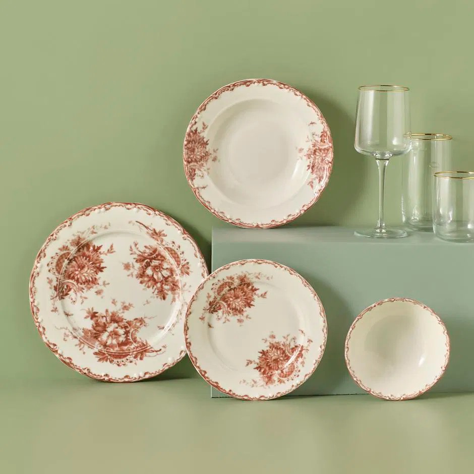 Antique Porselen 24 Parça 6 Kişilik Yemek Takımı Kırmızı
