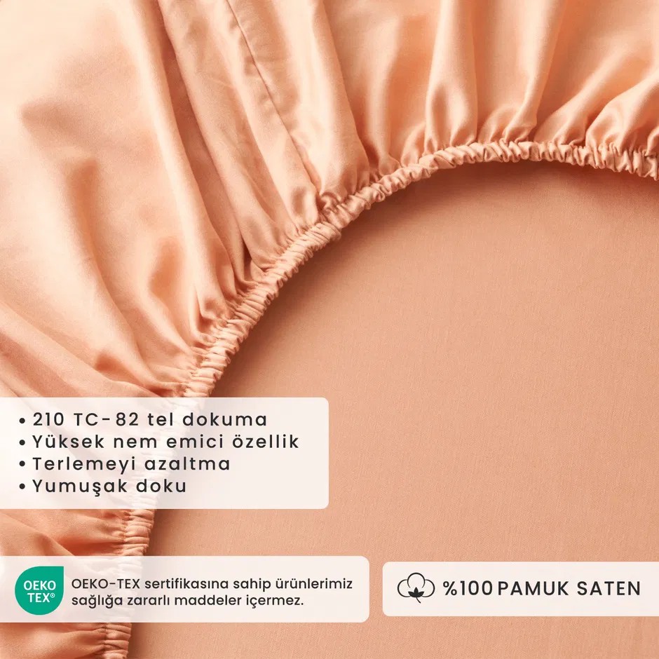 %100 Pamuk Saten Supreme Çift Kişilik Lastikli Çarşaf Somon (160x200x35 cm)