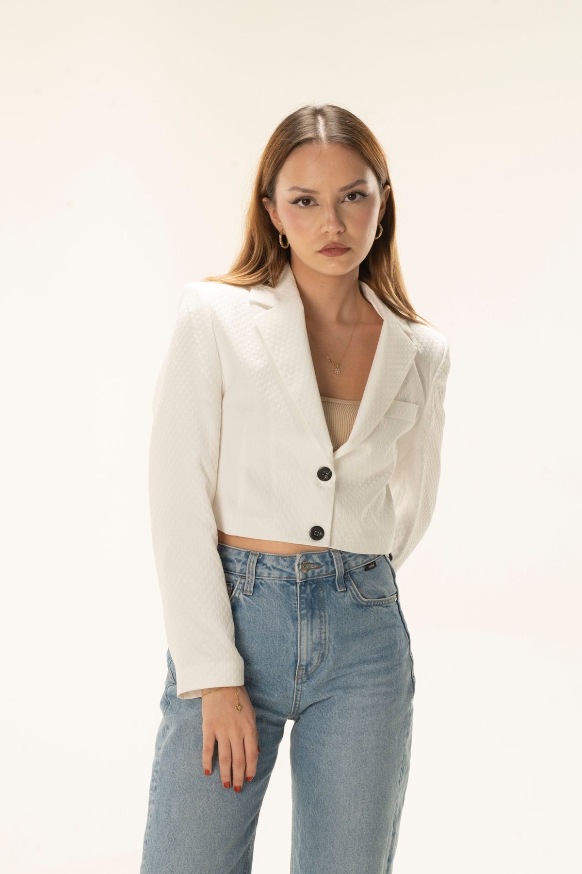 White Seersucker Crop Lined Blazer Jacket