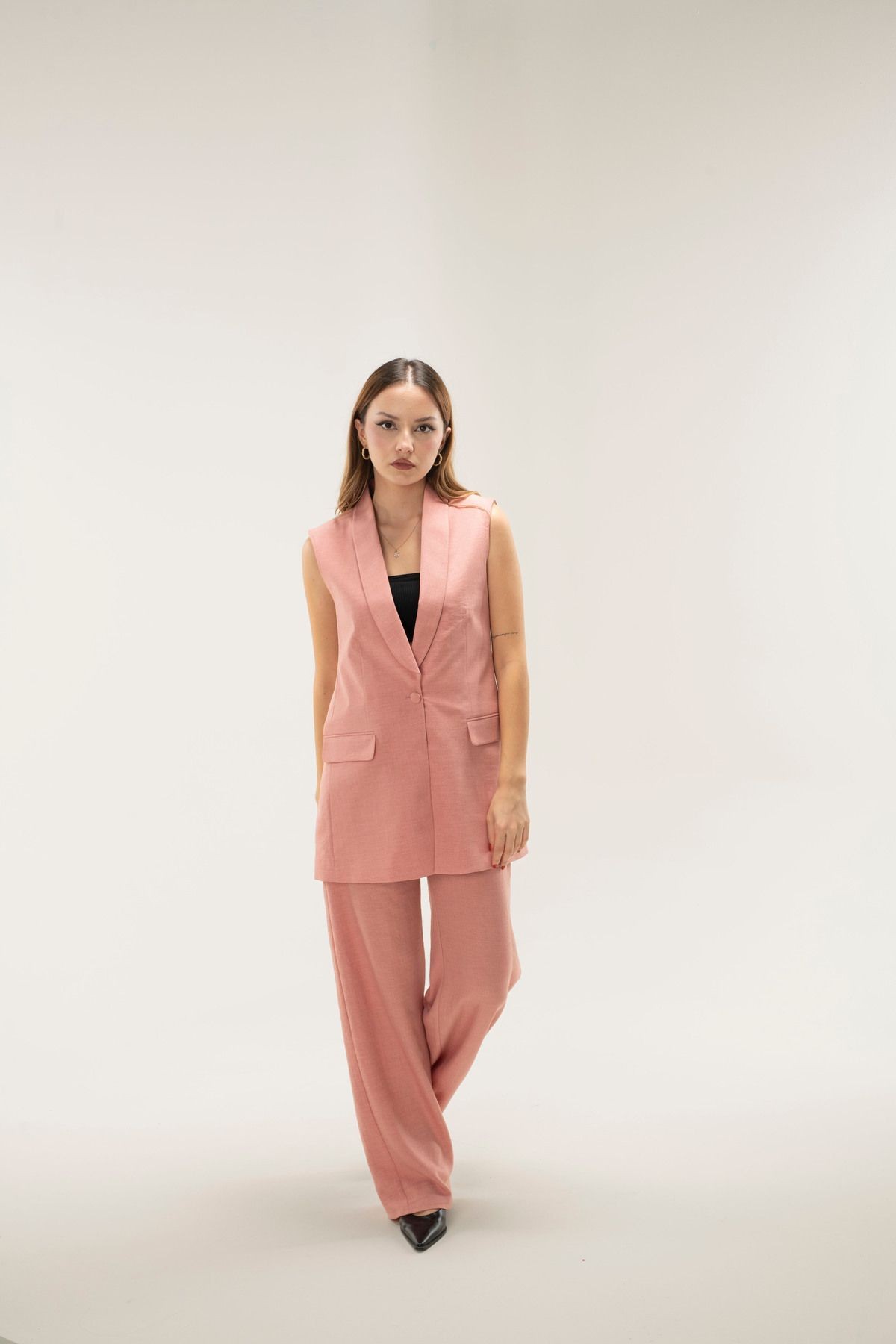 Sofia Keten Kolsuz Astarlı Şal Yaka Blazer Ceket - pembe