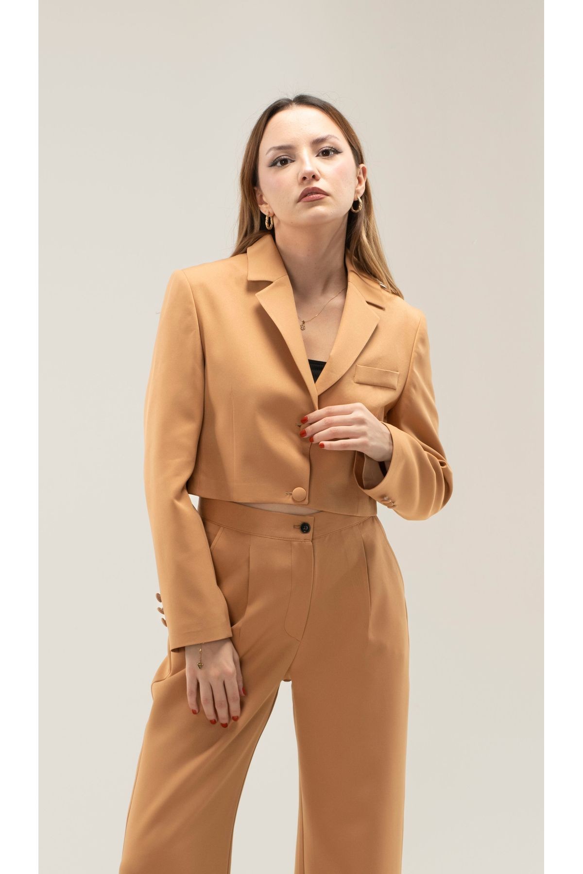  Crop Astarlı Vatkalı Blazer Ceket - CARAMEL