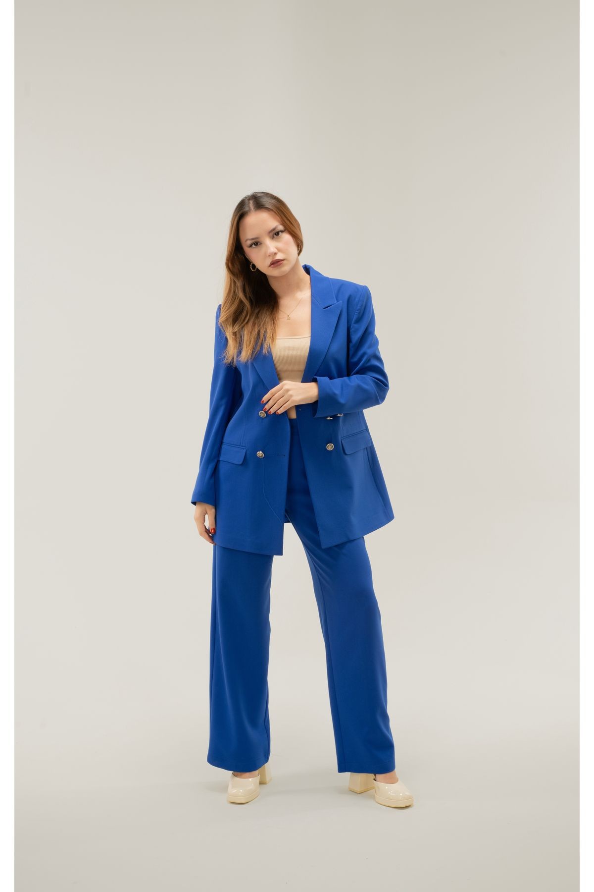 Kruvaze Vatkalı Astarlı Gümüş Düğme Blazer ceket - saks