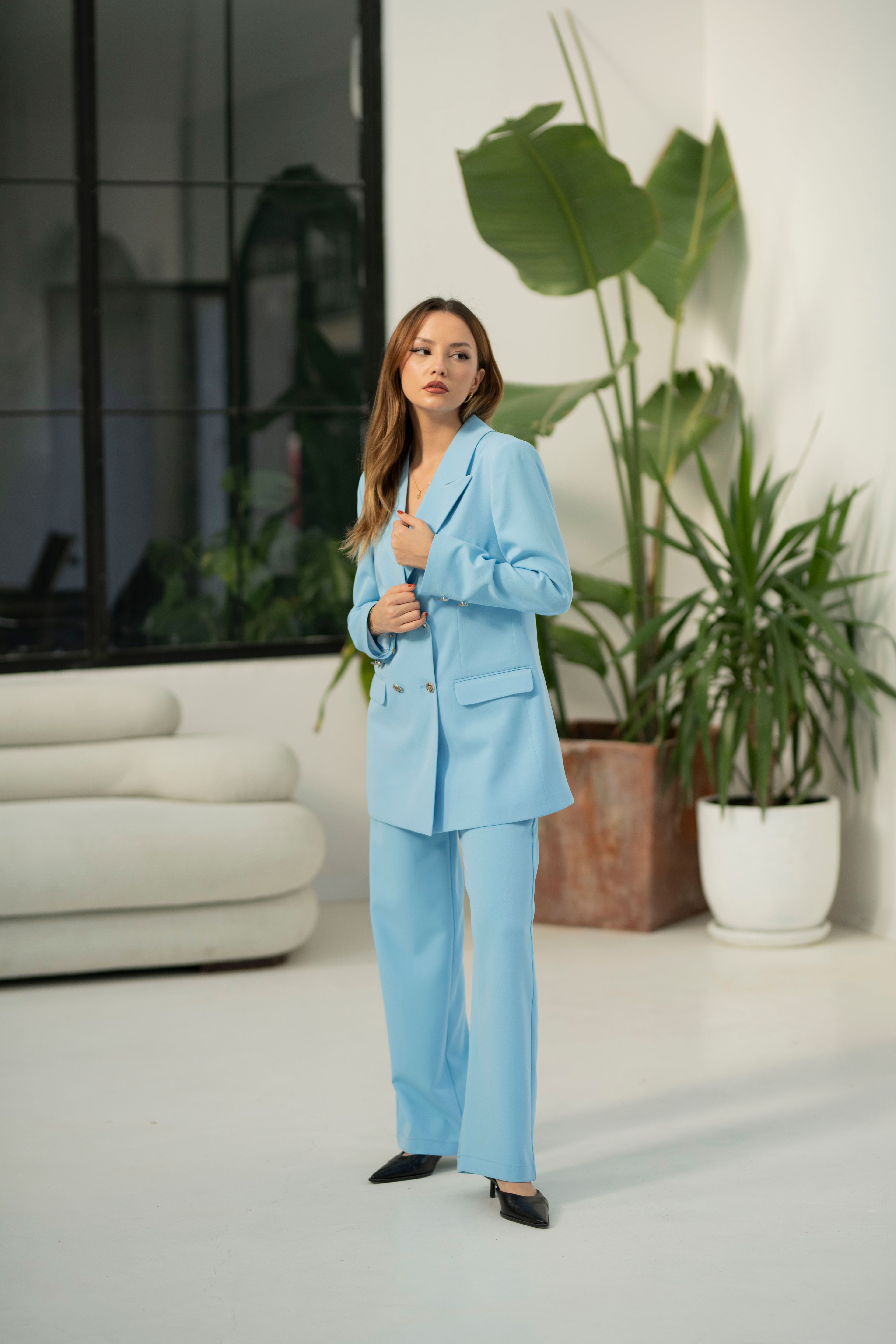 Tek Yaka Blazer Ceket-Pantolon Alt-Üst Takım Exclusive - Bebe Mavisi