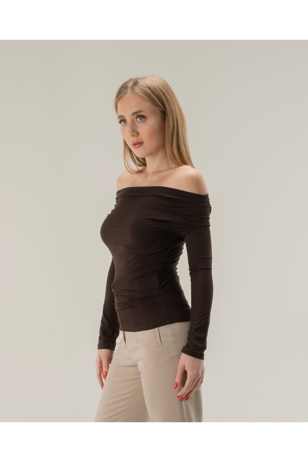 Degaje Yaka Soft Touch Bambu Yan Büzgülü T-shirt - Kahverengi