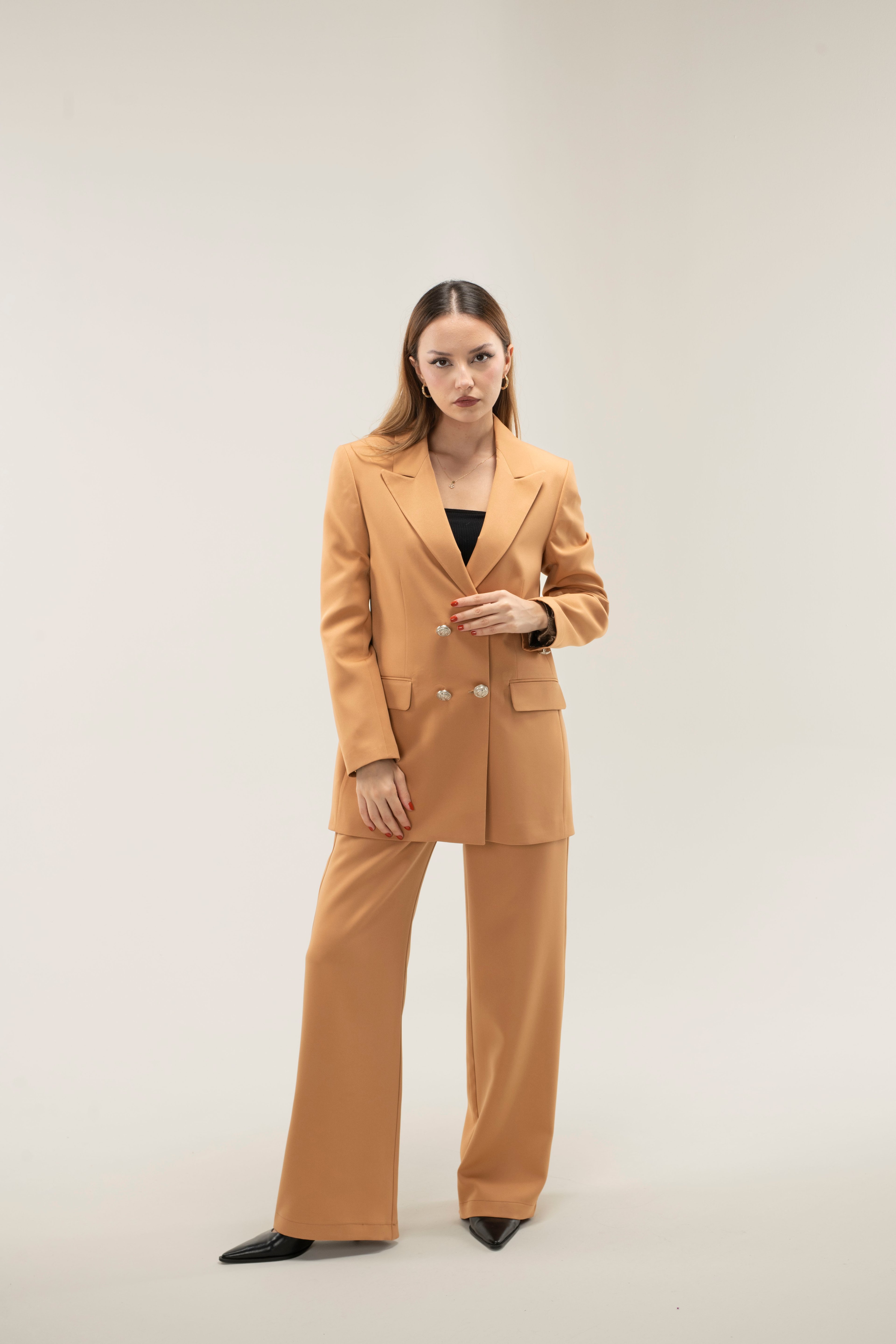 Blazer Ceket-Pantolon Dokuma Alt-Üst Takım - CARAMEL